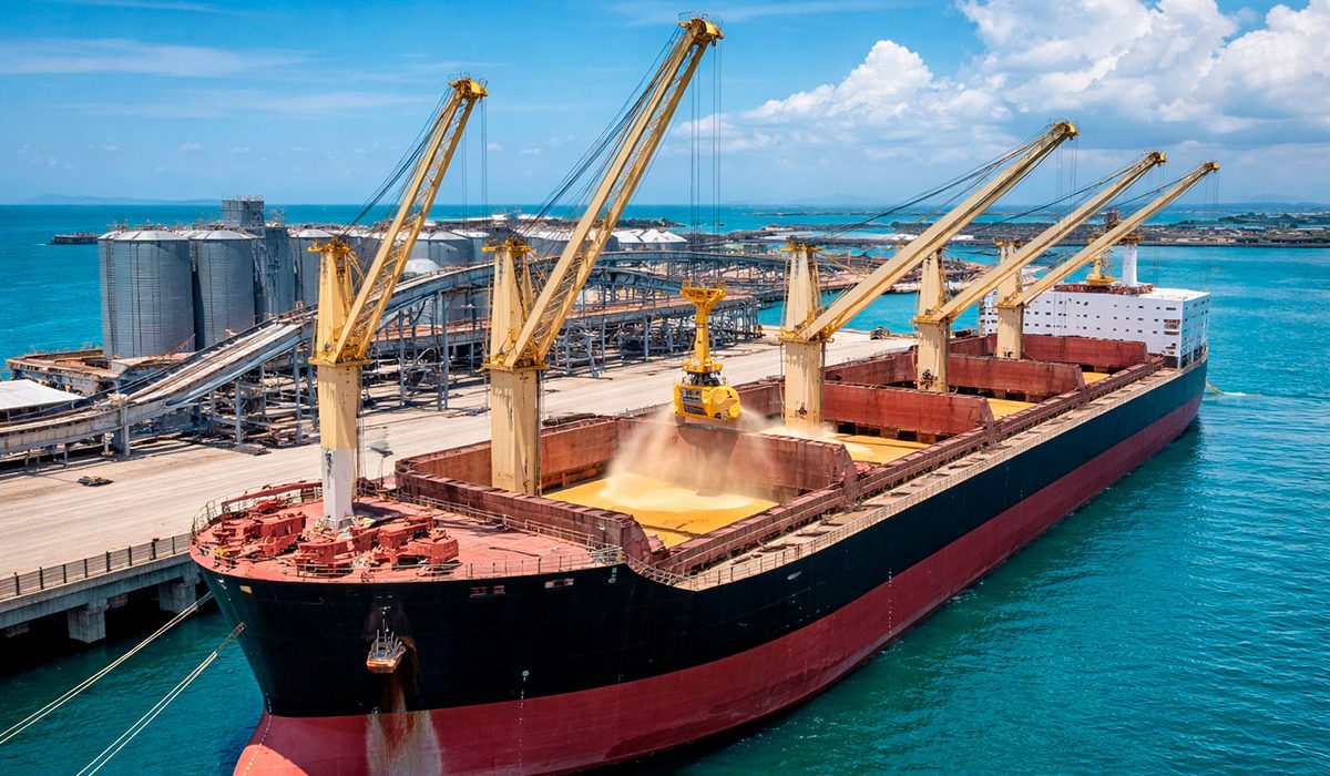 Buque granelero descargando maíz en Puerto Antioquia durante operación logística en Colombia